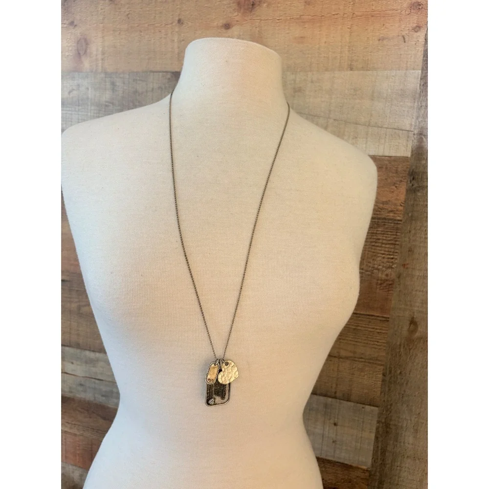 American Eagle Outfitters Long Dog Tag Heart Charm Necklace Antique Silver